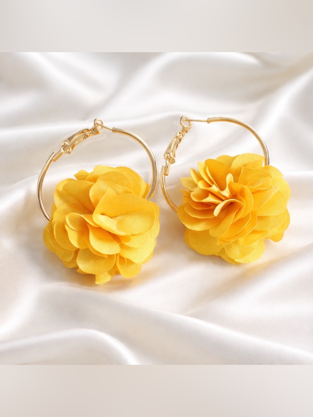 Yellow Chiffon Flower Hoop Earrings